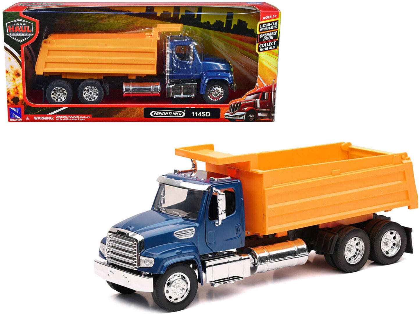 G-Scale Freightliner 114SD Dump Truck Blue and Yellow 1/32 Diecast from New Ray 11003