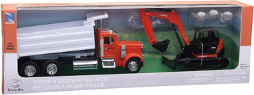New-Ray 1:32 KUBOTA EXCAVATOR With Peterbilt Dump Truck Diecast Model
