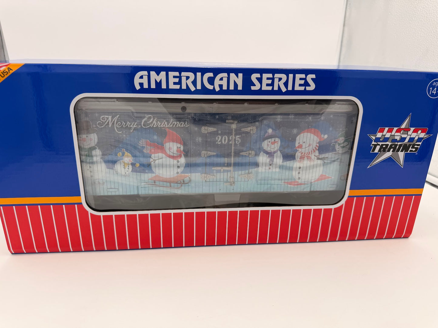 SPECIAL COLOR USA Trains R13043 CHRISTMAS Reefer 2025 "Snowmen" Holiday Boxcar - BLUE