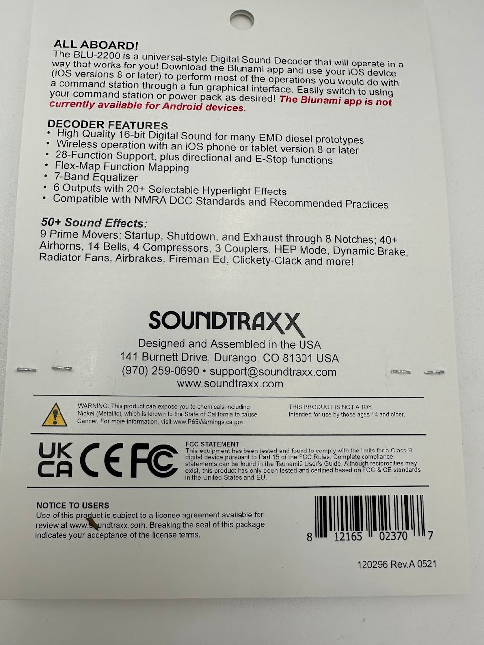 SoundTraxx 885602 - BLU-2200 Blunami Electric Sound Decoder, Multi scale