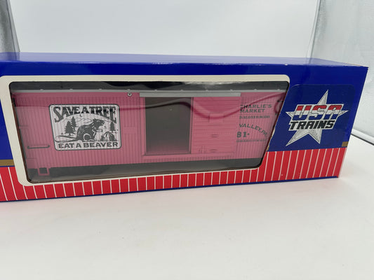 USA Trains Save a Tree Eat a Beaver PINK Reefer Boxcar - Limited Run