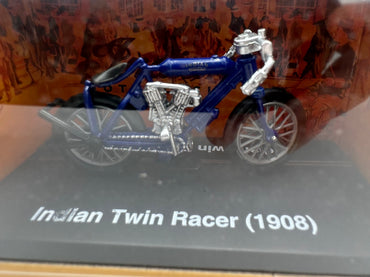 1908 Indian Twin Racer Blue Motorcycle Die Cast with Plastic G scale