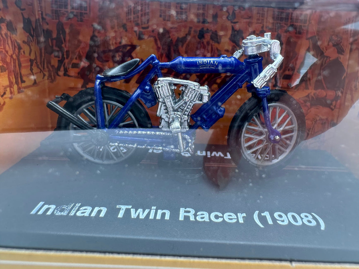 1908 Indian Twin Racer Blue Motorcycle Die Cast with Plastic G scale