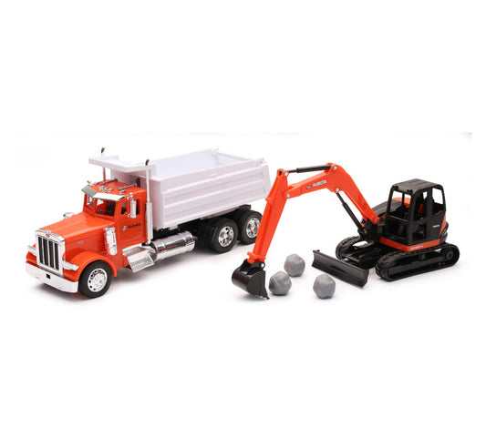 New-Ray 1:32 KUBOTA EXCAVATOR With Peterbilt Dump Truck Diecast Model