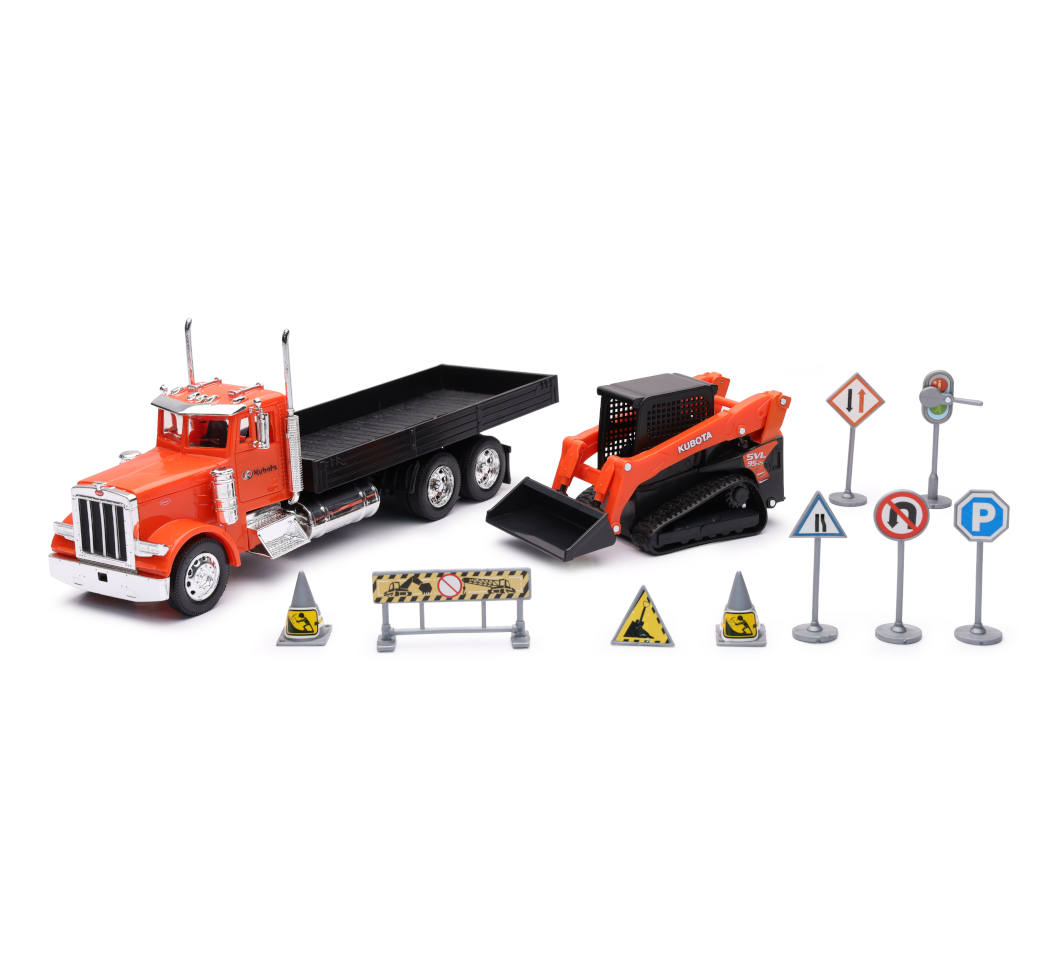 New-Ray 1:32 KUBOTA Track Loader with Peterbilt Flatbed Truck Diecast Model