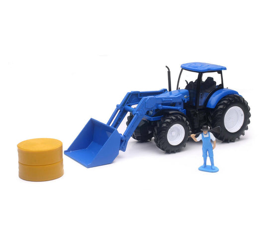 New Holland Front Loader Farm Tractor & bale w/ Figure for G Scale Scenics, New-Ray 1:32