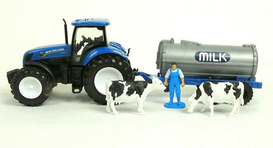New Holland Farm Tractor & milk Trailer with cows for G Scale Scenics