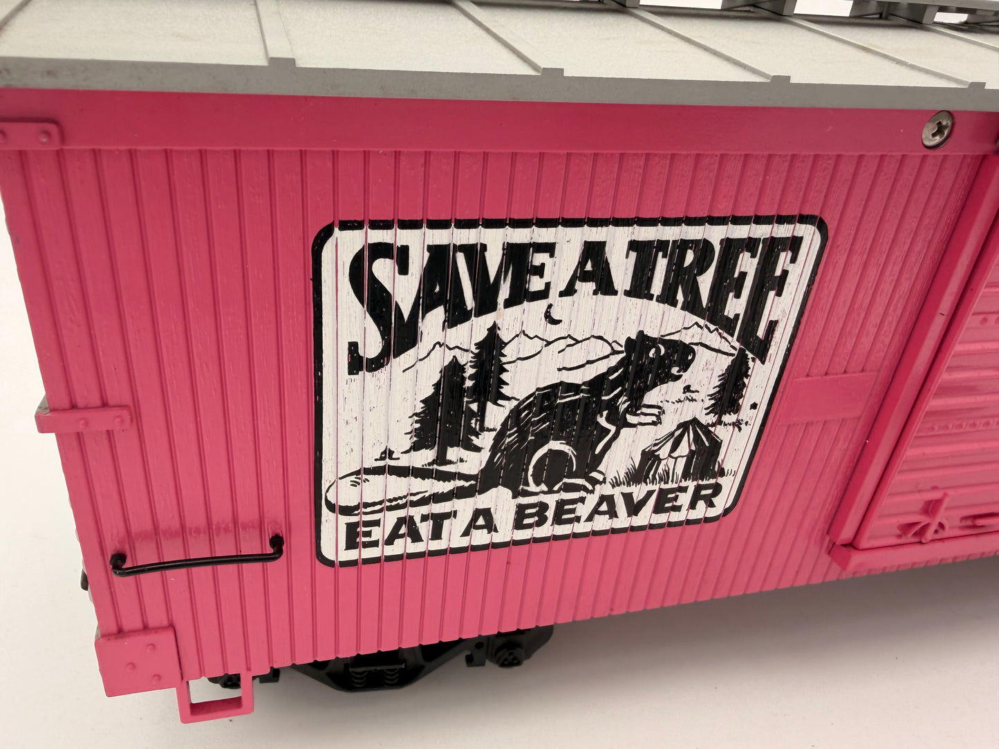 USA Trains Save a Tree Eat a Beaver PINK Reefer Boxcar - Limited Run