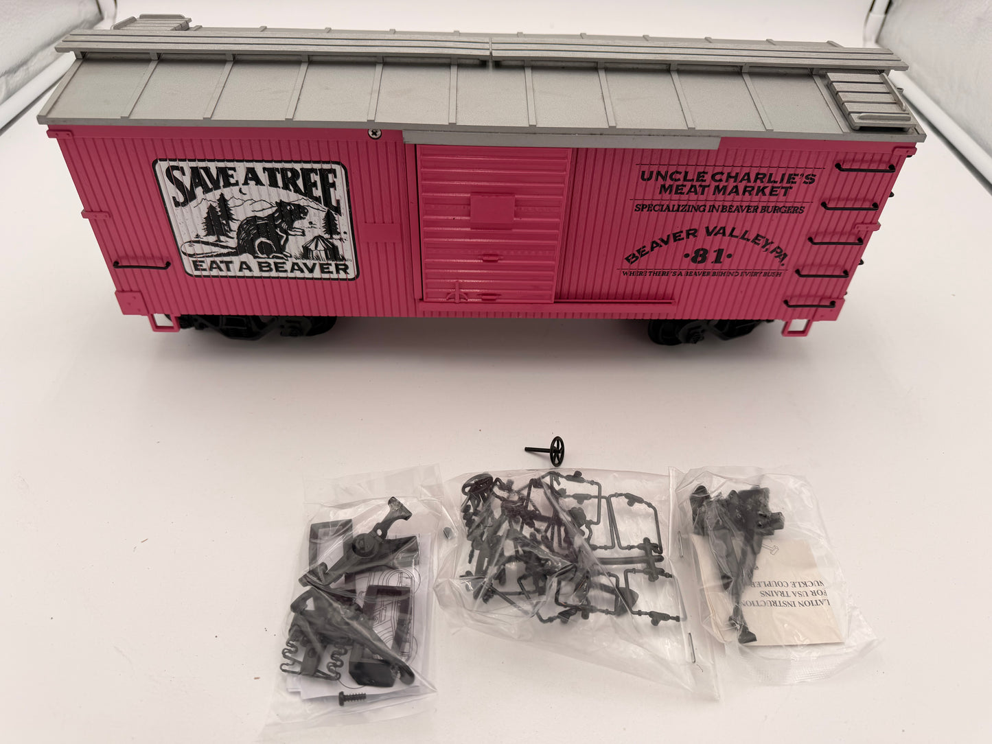 USA Trains Save a Tree Eat a Beaver PINK Reefer Boxcar - Limited Run