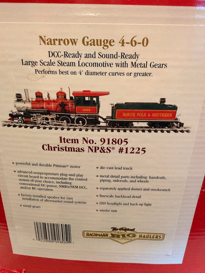 BACHMANN G 91805 Christmas 4-6-0 with Metal Gears and Rods - SOUND READY, OPEN BOX