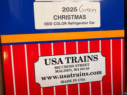 SPECIAL COLOR USA Trains R13043 CHRISTMAS Reefer 2025 "Snowmen" Holiday Boxcar - GREEN