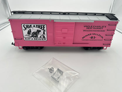 USA Trains Save a Tree Eat a Beaver PINK Reefer Boxcar - Limited Run