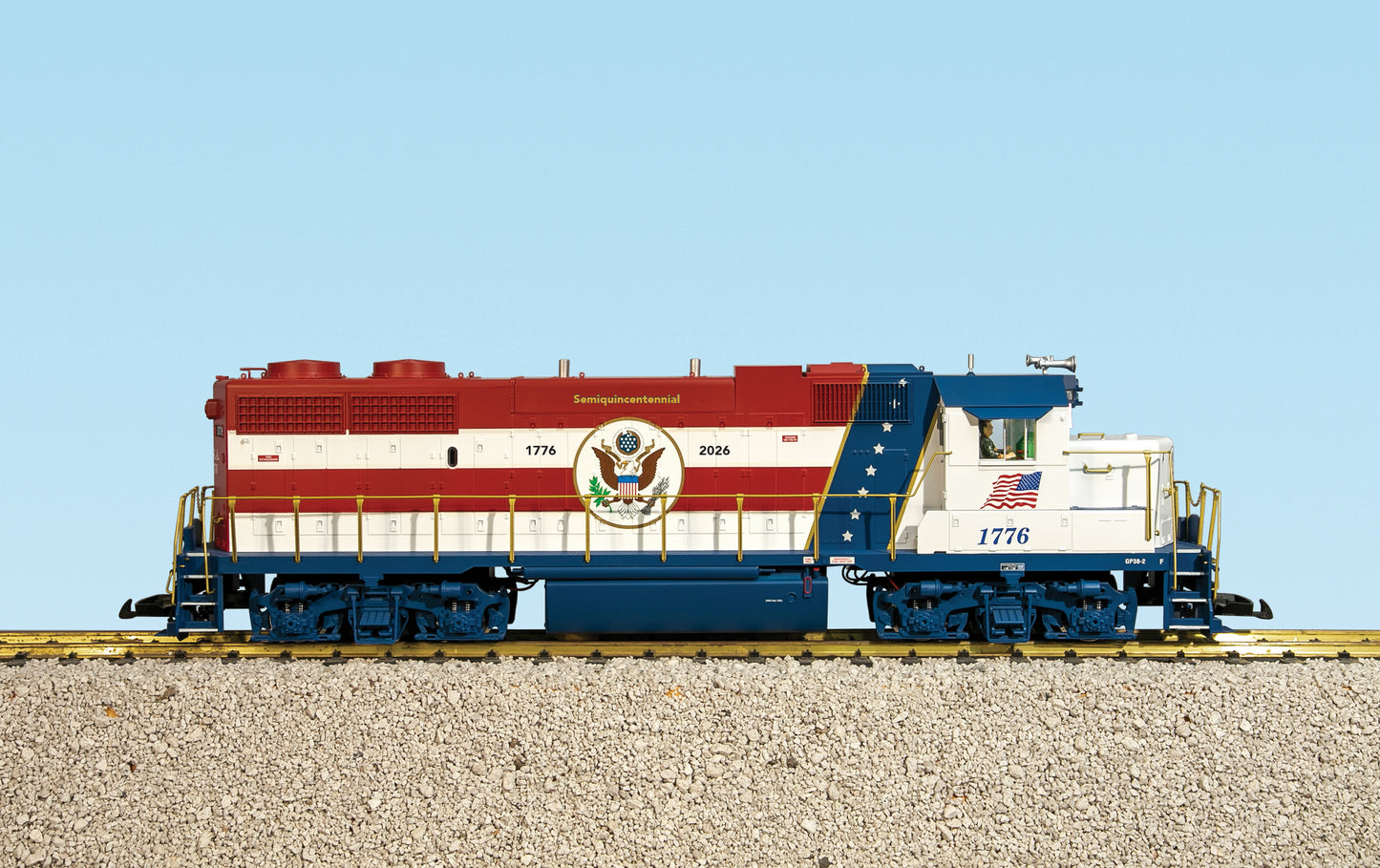 PREORDER- USA Trains GP38-2 PATRIOTIC SERIES (US SEAL) RED/WHITE/BLUE DIESEL R22236 with Smoke and Lights
