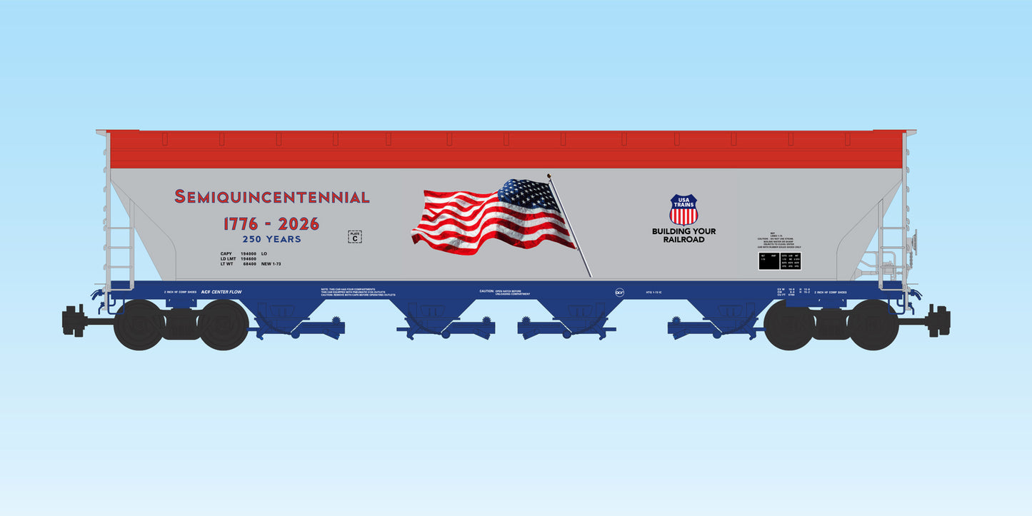 USA Trains PATRIOTIC 4-BAY CENTER FLOW COVERED HOPPER SILVER/BLUE/RED - R14137 Preorder July 2026